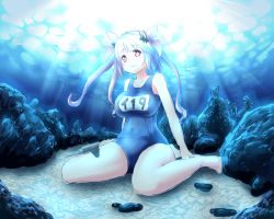 Rule 34 | 10s, 1girl, blue hair, highres, i-19 (kancolle), kantai collection, ktkn, long hair, one-piece swimsuit, personification, red eyes, rock, school swimsuit, sitting, solo, swimsuit, twintails, underwater, wariza