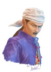 Rule 34 | 1boy, absurdres, angry, bandana, blue shirt, brown eyes, chinese clothes, dated, highres, jewelry, kohji, long hair, looking at viewer, looking to the side, necklace, open clothes, open mouth, open shirt, ren wu ying, sega, shenmue, shenmue ii, shirt, signature, solo, tooth necklace, upper body, white background, white bandana