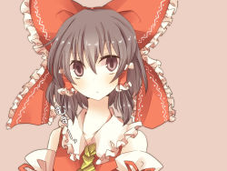 Rule 34 | 1girl, ascot, bad id, bad pixiv id, bow, brown eyes, brown hair, detached sleeves, dress, female focus, hair bow, hair tubes, hakurei reimu, highres, japanese clothes, miko, pasutel, red dress, simple background, solo, touhou, upper body
