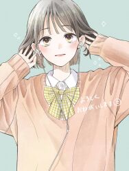 Rule 34 | 1girl, :|, baggy clothes, black eyes, black hair, blush, bow, bowtie, brown eyes, cardigan, closed mouth, collared shirt, commentary, earphones, furusato kou, gingham bow, gradient eyes, grey hair, hand in own hair, light blue background, long sleeves, looking at viewer, multicolored eyes, multicolored hair, nose blush, original, pink cardigan, pink lips, school uniform, shirt, short hair, sleeves past wrists, smiley face, solo, upper body, white shirt, yellow bow, yellow bowtie