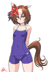 Rule 34 | 1girl, animal ears, arms behind back, blue one-piece swimsuit, breasts, brown eyes, brown hair, collarbone, competition school swimsuit, cowboy shot, frown, gluteal fold, hair between eyes, hair ornament, highres, horse ears, horse girl, horse tail, looking at viewer, multicolored hair, one-piece swimsuit, pinwheel hair ornament, school swimsuit, short hair, simple background, small breasts, solo, standing, swimsuit, t2r, tail, two-tone hair, umamusume, white background, white hair, yaeno muteki (umamusume)