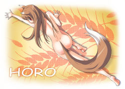 Rule 34 | 00s, 1girl, all fours, animal ears, ass, back, barefoot, brown hair, feet, holo, kouda tomohiro, long hair, nude, red eyes, solo, spice and wolf, tail, wolf ears, wolf tail
