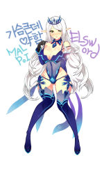 Rule 34 | 1girl, black gloves, blue thighhighs, blush, boots, breasts, cleavage, detached collar, detached sleeves, elsword, full body, gloves, gluteal fold, green eyes, highres, large breasts, lens flare, leotard, long hair, long sleeves, looking at viewer, malpoi, open mouth, pointy ears, rena erindel, simple background, smile, solo, standing, strap slip, swept bangs, thigh boots, thighhighs, tiara, very long hair, white background, white hair