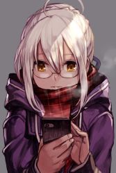 Rule 34 | 1girl, ahoge, artoria pendragon (fate), blonde hair, cellphone, closed mouth, coat, eyeglass, fate/grand order, fate (series), hair between eyes, hungry clicker, looking at viewer, medium hair, multicolored clothes, multicolored scarf, mysterious heroine x alter (fate), mysterious heroine x alter (first ascension) (fate), phone, plaid, plaid scarf, purple coat, scarf, solo, yellow eyes