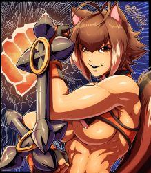 Rule 34 | 1girl, abs, absurdres, animal ears, antenna hair, arc system works, blazblue, breasts, brown eyes, brown hair, buck teeth, clenched hands, commentary, crop top, dual wielding, emphasis lines, english commentary, fingerless gloves, gloves, highres, holding, large breasts, looking at viewer, makoto nanaya, multicolored hair, muscular, muscular female, navel, pltnm ghost, revealing clothes, ribs, short hair, solo, squirrel ears, squirrel girl, squirrel tail, tail, teeth, toned, tonfa, two-tone hair, underboob, upper body, weapon