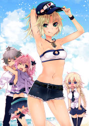 Rule 34 | 2boys, 2girls, :q, ;d, androgynous, armpits, arms up, astolfo (fate), belt, black bow, black legwear, black necktie, black pants, black ribbon, black shorts, blonde hair, blue eyes, blue hat, blue skirt, blush, bow, bra, braid, breasts, cleavage, cleavage cutout, closed eyes, clothing cutout, cloud, cloudy sky, collarbone, crossdressing, day, denim, denim shorts, fate/apocrypha, fate (series), floating hair, green eyes, grey hair, hair between eyes, hair bow, hair ribbon, hat, heart, highres, holding, hug, jeanne d&#039;arc (fate), jeanne d&#039;arc (girl from orleans) (fate), jeanne d&#039;arc (ruler) (fate), jewelry, leaning forward, long hair, looking at viewer, medium breasts, mei (abliss), midriff, miniskirt, mordred (fate), mordred (fate/apocrypha), mordred (memories at trifas) (fate), multiple boys, multiple girls, navel, necklace, necktie, official alternate costume, one eye closed, open mouth, outdoors, pants, pleated skirt, ponytail, purple eyes, ribbon, shiny clothes, shirt, short shorts, shorts, sieg (fate), single braid, skirt, sky, sleeveless, sleeveless shirt, smile, standing, stomach, strapless, strapless bra, striped clothes, striped shirt, thighhighs, tongue, tongue out, trap, underwear, white bra, white shirt, wrist cuffs, zettai ryouiki