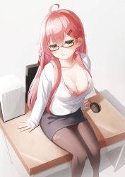 Rule 34 | 1girl, absurdres, ahoge, alternate costume, alternate hairstyle, blush, breasts, cleavage, collarbone, desk, earrings, glasses, green eyes, hair ornament, hairclip, highres, hololive, jewelry, large breasts, long hair, medium breasts, mouse (computer), nyan (reinyan 007), on desk, pantyhose, pencil skirt, pink hair, red-framed eyewear, sakura miko, sitting, on desk, skirt, smile, solo, table, virtual youtuber