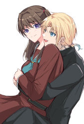 Rule 34 | 1boy, 1girl, :d, aqua neckerchief, arms around waist, black jacket, black pants, blonde hair, blue eyes, blue hair, brown dress, brown hair, closed mouth, commentary, dress, fang, fujishima megumi, gakuran, genderswap, genderswap (ftm), gradient hair, hand on hand, hasu no sora school uniform, highres, hug, hug from behind, hzk, jacket, light blush, link! like! love live!, long hair, long sleeves, looking at another, looking at viewer, love live!, mira-cra park!, multicolored hair, neckerchief, open mouth, osawa rurino, pants, parted bangs, pleated dress, purple eyes, sailor collar, sailor dress, school uniform, short hair, short ponytail, simple background, sitting, sitting on lap, sitting on person, smile, split mouth, symbol-only commentary, two side up, virtual youtuber, white background, white sailor collar, winter uniform