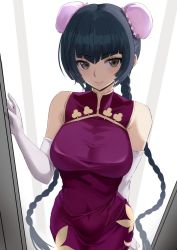 Rule 34 | 1girl, arm behind back, black hair, blush, braid, breasts, brown eyes, bun cover, china dress, chinese clothes, closed mouth, commentary, covered navel, cowboy shot, curvy, double bun, dress, elbow gloves, gloves, gundam, gundam 00, hair bun, kesoshirou, large breasts, lips, long hair, looking at viewer, purple dress, simple background, sleeveless, sleeveless dress, smile, solo, standing, taut clothes, taut dress, twin braids, twintails, wang liu mei, white background, white gloves