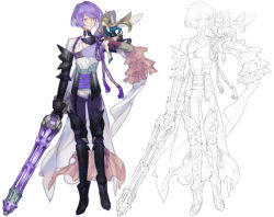 Rule 34 | 1boy, 1girl, archived source, armor, blonde hair, borrowed character, fairy, fairy wings, fantasy, gauntlets, gloves, greaves, holding, holding weapon, lineart, looking at another, mini person, minigirl, muneate, nishihara isao, pixiv fantasia, pixiv fantasia sword regalia, pointing, purple hair, r-riru (pixiv fantasia), serini (pixiv fantasia), short hair, short hair with long locks, shoulder armor, single gauntlet, sitting, sitting on person, smile, thighhighs, weapon, wings