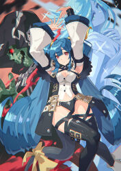 Rule 34 | 1girl, arc system works, arms up, asymmetrical wings, belt, black panties, black thighhighs, blue hair, breasts, choker, cleavage, closed mouth, clothing cutout, detached collar, detached sleeves, dizzy (guilty gear), guilty gear, guilty gear xrd, hair between eyes, hair ribbon, hair rings, highres, large breasts, long sleeves, midriff, monster girl, navel, necro (guilty gear), panties, red background, red eyes, ribbon, sidelocks, smile, solo, sparkle, tail, thick thighs, thigh strap, thighhighs, thighs, twintails, underwear, undine (guilty gear), wide sleeves, wings, yagi2013, yellow ribbon