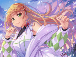 Rule 34 | 1girl, blonde hair, breasts, cloud, cloudy sky, commentary request, green eyes, hairband, hajimari wa kimi no sora, heanna sumire, jacket, long hair, looking at viewer, love live!, love live! superstar!!, medium breasts, petals, sidelocks, sky, solo, tomo wakui, upper body, white jacket