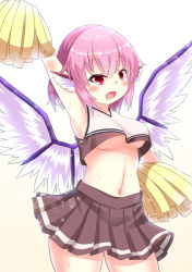 Rule 34 | 1girl, alternate costume, animal ears, arm up, bird ears, bird wings, breasts, brown skirt, cheerleader, cowboy shot, fang, gradient background, highres, holding, holding pom poms, karasuma amiru, looking at viewer, medium breasts, mystia lorelei, navel, no bra, open mouth, pink hair, pleated skirt, pom pom (cheerleading), pom poms, red eyes, short hair, skin fang, skirt, solo, standing, sweat, tank top, touhou, underboob, white tank top, white wings, wings, yellow background