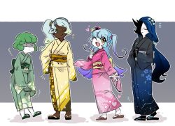 Rule 34 | 4girls, black kimono, blue hair, closed eyes, closed mouth, crown, dark-skinned female, dark skin, gloves, gradient kimono, green gloves, green hair, green kimono, green sash, japanese clothes, kimono, king of greed, knight of despair, lobotomy corporation, long hair, long sleeves, looking at viewer, low-tied long hair, multiple girls, obi, one eye closed, open mouth, pink kimono, project moon, queen of hatred, sandals, sash, servant of wrath, side ponytail, smile, two side up, very long hair, wakame 031412, white hair, wide sleeves, wonderlab, yellow kimono, yellow sash, zouri
