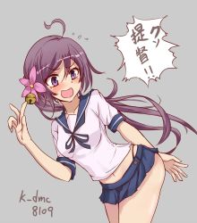 Rule 34 | &gt;:d, 1girl, :d, akebono (kancolle), alternate costume, artist name, bell, black panties, blush, commentary request, cosplay, flower, flying sweatdrops, grey background, hair bell, hair flower, hair ornament, highleg, highleg panties, highres, jingle bell, kantai collection, kihou no gotoku dmc, leaning forward, microskirt, navel, neck ribbon, open mouth, panties, purple eyes, purple hair, ribbon, sailor collar, school uniform, serafuku, shimakaze (kancolle) (cosplay), shimakaze (kancolle), skirt, smile, solo, translated, underwear, v-shaped eyebrows, wavy mouth