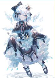 Rule 34 | 1girl, absurdres, alternate costume, black capelet, black dress, blue eyes, blue hair, bow, capelet, cirno, closed mouth, crown, dress, expressionless, floating, full body, gothic lolita, hair between eyes, hair bow, head tilt, highres, ice, ice wings, lolita fashion, long hair, looking at viewer, mini crown, short hair, simple background, skirt hold, solo, tilted headwear, touhou, umemaro (siona0908), white background, wings