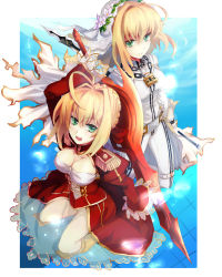 Rule 34 | 10s, 2girls, aestus estus, ahoge, blonde hair, bodysuit, breasts, chain, cleavage, dress, dual persona, epaulettes, fate/extra, fate/extra ccc, fate (series), gloves, green eyes, lock, multiple girls, nero claudius (bride) (fate), nero claudius (fate), nero claudius (fate) (all), nero claudius (fate/extra), padlock, see-through, yude