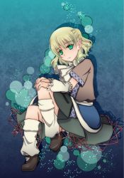 Rule 34 | 1girl, amagumo, arm warmers, blonde hair, brown footwear, brown shirt, bubble, closed mouth, commentary request, expressionless, full body, green eyes, grey skirt, half updo, hands on own knee, looking at viewer, medium hair, mizuhashi parsee, scarf, shirt, shoes, short hair, skirt, socks, solo, touhou, white scarf, white socks