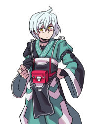 Rule 34 | 1boy, absurdres, ahoge, black choker, choker, closed mouth, cowboy shot, eddybird55555, expressionless, fanny pack, glasses, grey hair, hair between eyes, hand on own hip, highres, japanese clothes, kimono, long sleeves, looking at viewer, male focus, morichika rinnosuke, pointing, pointing at viewer, semi-rimless eyewear, short hair, solo, touhou, white background, wide sleeves, yellow eyes