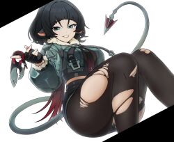 Rule 34 | 1girl, absurdres, animal ears, aqua eyes, aqua jacket, black background, black gloves, black hair, black pantyhose, black shorts, black thighhighs, crop top, fingerless gloves, fur-trimmed jacket, fur trim, gloves, highres, holding, holding weapon, hoshino mitsuki, jacket, jane doe (zenless zone zero), mouse ears, mouse girl, mouse tail, multicolored hair, necktie, pantyhose, parted lips, red hair, shorts, single leg pantyhose, single thighhigh, smile, tail, thighhighs, torn clothes, torn pantyhose, torn thighhighs, two-tone background, two-tone hair, two-tone necktie, weapon, white background, zenless zone zero