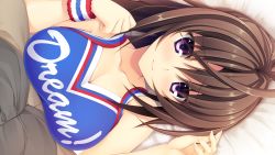 Rule 34 | 1boy, 1girl, antenna hair, asami asami, ashiya suzuka, bed, blush, breasts, brown hair, cheerleader, cleavage, collarbone, game cg, gradient background, large breasts, long hair, looking at viewer, lying, pillow, ponytail, pretty x cation 2, purple eyes, sitting, sitting on person, solo focus