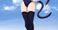 Rule 34 | 1girl, animal ears, animated, animated gif, boots, breasts, cat ears, cat tail, cloud, day, emblem, erza scarlet, fairy tail, fairy woman, fake ears, fishnet thighhighs, fishnets, gloves, hair ribbon, hands on own hips, impossible clothes, impossible leotard, leather, leotard, lowres, mask, red hair, ribbon, skin tight, solo, tail, thigh boots, thighhighs