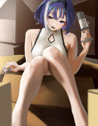 Rule 34 | .live, 1girl, bare shoulders, blue eyes, blue hair, blue nails, box, breasts, dress, hair between eyes, hair ornament, hairclip, highres, holding, holding microphone, in box, in container, izayoi chihaya, jewelry, looking at viewer, medium breasts, microphone, mole, mole on shoulder, mole under eye, open mouth, short hair, sitting, solo, tama (tamago), two-tone eyes, virtual youtuber, white hair