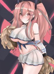 Rule 34 | 1girl, armlet, azur lane, bare legs, bare shoulders, belt bra, blush, breasts, bremerton (azur lane), bremerton (azur lane) (cosplay), bremerton (scorching-hot training) (azur lane), cheerleader, commentary request, cosplay, cowboy shot, crop top, crop top overhang, doragyu, ear piercing, grey hair, groin, hair between eyes, hair intakes, hair ornament, hairclip, hand up, highres, holding, holding pom poms, large breasts, long hair, looking at viewer, midriff, miniskirt, mole, mole under eye, multicolored hair, navel, piercing, pink eyes, pink hair, pom pom (cheerleading), pom poms, purple sash, reno (azur lane), reno (azur lane) (cosplay), reno (biggest little cheerleader) (azur lane), sash, see-through, see-through skirt, see-through sleeves, shirt, sidelocks, skirt, sleeveless, smile, solo, sportswear, standing, streaked hair, twintails, two-tone hair, underboob, x hair ornament