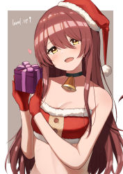 Rule 34 | 1girl, absurdres, bandeau, bare shoulders, bell, black choker, brown hair, choker, christmas, commentary, commentary request, english text, gift, gloves, grey background, hair between eyes, half-closed eyes, hat, heart, highres, holding, holding gift, idolmaster, idolmaster shiny colors, light blush, long hair, looking at viewer, midriff, neck bell, open mouth, osaki tenka, outside border, red bandeau, red gloves, red hat, santa costume, santa gloves, santa hat, smile, solo, tilted headwear, upper body, wanimaru, yellow eyes