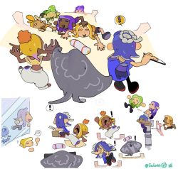 Rule 34 | !, 1boy, 2girls, :d, big man (splatoon), blonde hair, blue hair, chinese commentary, climbing, clothing cutout, crowd, cushion, dark-skinned female, dark skin, eyebrow cut, folding fan, food, food on head, frye (splatoon), hachimaki, hair over one eye, hand fan, hand on another&#039;s head, harem pants, headband, heart, hokkamuri, holding, holding fan, inkling player character, jellyfish (splatoon), jumping, light green hair, long hair, manta ray, mohawk, motion lines, multicolored hair, multiple girls, nejiri hachimaki, nintendo, no eyes, object on head, octoling player character, open mouth, pants, pointy ears, purple hair, running, salorbt, see-through, shiver (splatoon), short hair, simple background, smile, speech bubble, splatoon (series), splatoon 3, spoken exclamation mark, spoken heart, suction cups, surprised, tempura, tentacle hair, triangle mouth, twitter username, two-tone hair, utility pole, white background, white pants, yellow eyes, zabuton