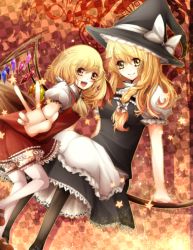 Rule 34 | 2girls, bad id, bad pixiv id, blonde hair, blush, bow, braid, broom, dress, female focus, flandre scarlet, frilled legwear, frills, hair bow, hat, kirisame marisa, lion nicole, long hair, mary janes, multiple girls, nicole (lion), open mouth, pantyhose, ponytail, shoes, side ponytail, skirt, smile, star (symbol), thighhighs, touhou, v, white thighhighs, witch, witch hat, yellow eyes