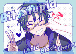Rule 34 | 1boy, biseibutu, black hair, english text, glasses, gnosia, goggles, green hair, highres, jacket, jewelry, long sleeves, looking at viewer, male focus, necklace, one eye closed, sha-ming, shirt, short hair, solo, upper body, v, zipper