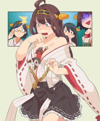 Rule 34 | 10s, 5girls, adjusting eyewear, anger vein, bad id, bad twitter id, bare shoulders, between breasts, blush stickers, breast envy, breasts, bug spray, cleavage, emu (eomou), false smile, fang, glasses, haruna (kancolle), hiei (kancolle), kantai collection, kirishima (kancolle), kongou (kancolle), medium breasts, mini person, minigirl, multiple girls, nontraditional miko, panties, pantyshot, person between breasts, ryuujou (kancolle), scared, skirt, smile, sweatdrop, underwear