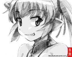 Rule 34 | 1girl, gofu, greyscale, grin, looking at viewer, monochrome, pachira, pointy ears, portrait, renkin san-kyuu magical pokaan, sketch, smile, solo, traditional media, twintails, watermark, web address