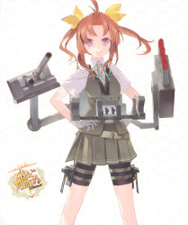 Rule 34 | 1girl, ahoge, belt, bike shorts, brown hair, copyright name, gloves, green ribbon, hair intakes, hair ribbon, hands on own hips, highres, kagerou (kancolle), kantai collection, logo, long hair, looking at viewer, machinery, neck ribbon, noco (adamas), patterned background, pleated skirt, purple eyes, ribbon, rigging, school uniform, short sleeves, shorts, shorts under skirt, skirt, smile, solo, thigh strap, torpedo, turret, twintails, vest, white gloves, yellow ribbon