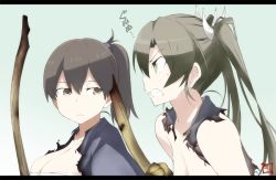 Rule 34 | 10s, 2girls, breasts, brown eyes, brown hair, cleavage, closed mouth, collarbone, expressionless, eyebrows, gradient background, green eyes, gununu (meme), hair ornament, holding, kaga (kancolle), kantai collection, letterboxed, long hair, looking to the side, medium breasts, meme, multicolored background, multiple girls, ponytail, profile, sarashi, shigino sohuzi, side ponytail, signature, sweatdrop, torn clothes, translation request, twintails, two-tone background, upper body, zuikaku (kancolle)