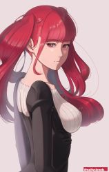 Rule 34 | 1girl, absurdres, bleach, blunt bangs, breasts, closed mouth, collarbone, dokugamine riruka, floating hair, from side, grey background, highres, long hair, long sleeves, looking at viewer, medium breasts, nellyslewds, red eyes, red hair, simple background, solo, twintails, twitter username, upper body, very long hair