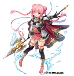 Rule 34 | 1girl, belt, boots, braid, breasts, capelet, commentary request, full body, gemini seed, gloves, halberd, holding, holding weapon, long hair, looking at viewer, official art, open mouth, outstretched arm, pink eyes, pink hair, polearm, sacraneco, simple background, solo, thighhighs, water drop, watermark, weapon, white background
