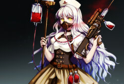 Rule 34 | 1girl, bbcat1984, belt, blood, blood bag, blue hair, breasts, brown belt, brown corset, cleavage, corset, covered mouth, cowboy shot, frilled sleeves, frills, glass bottle, gradient hair, gun, hands up, hat, holding, holding gun, holding weapon, intravenous drip, iv stand, long hair, looking at viewer, mask, mouth mask, multicolored hair, nurse cap, original, puffy short sleeves, puffy sleeves, shirt, short sleeves, skirt, small breasts, solo, syringe, tube, very long hair, weapon, white hair, white hat, white shirt, yellow eyes, yellow skirt