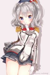 Rule 34 | 10s, 1girl, beret, blue eyes, blush, breasts, buttons, epaulettes, female focus, finger to mouth, gloves, hat, highres, jacket, jimmy madomagi, kantai collection, kashima (kancolle), kerchief, large breasts, long hair, looking at viewer, military, military uniform, miniskirt, open mouth, sidelocks, silver hair, skirt, solo, tsurime, twintails, uniform, wavy hair, white gloves