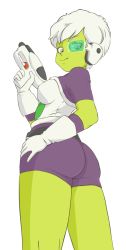 Rule 34 | 10s, 1girl, armor, artist request, ass, breasts, cheelai, colored skin, curvy, dragon ball, dragon ball super, female focus, gloves, green eyes, green skin, highres, hip focus, looking at viewer, looking back, medium breasts, scouter, shiny skin, short hair, smile, thick thighs, thighs, weapon, white background, white hair, wide hips