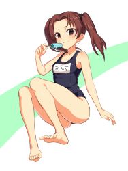 Rule 34 | 10s, 1girl, ass, bare shoulders, barefoot, black bow, blush, bow, breasts, brown eyes, brown hair, closed mouth, collarbone, feet, food, girls und panzer, hair bow, highres, holding, holding food, icomochi, invisible chair, kadotani anzu, long hair, name tag, one-piece swimsuit, parted bangs, popsicle, school swimsuit, shiny skin, sitting, small breasts, smile, solo, swimsuit, twintails, wide hips