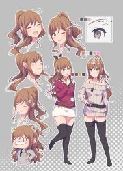 Rule 34 | 1girl, :3, :d, :o, ;d, puff of air, anger vein, arrow (symbol), ayasaka, bang dream!, beige sweater, belt, black belt, black footwear, black neckwear, black ribbon, blazer, boots, brown hair, cat nose, closed eyes, color guide, commentary request, cropped neck, cropped shoulders, cropped torso, drawn ears, dress, earrings, grey background, grey eyes, grey jacket, hair ribbon, half updo, halftone, halftone background, hands on own hips, haneoka school uniform, high heel boots, high heels, imai lisa, jacket, jewelry, long hair, long sleeves, looking at viewer, miniskirt, multiple views, necktie, o-ring, o-ring top, off-shoulder, off-shoulder sweater, off shoulder, one eye closed, open mouth, outline, pendant, rabbit earrings, red shirt, ribbed sweater, ribbon, school uniform, shirt, sidelocks, skirt, smile, standing, standing on one leg, star (symbol), sweater, sweater dress, thigh boots, thighhighs, translation request, u u, v, v-shaped eyebrows, whiskers, white outline, white skirt