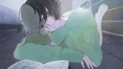 Rule 34 | 1girl, absurdres, barefoot, bed, black hair, blurry, book, bookshelf, close-up, commission, depth of field, green eyes, green sweater, grey hair, head tilt, highres, hugging object, indoors, kajiwara 3, light particles, looking at viewer, lying, multicolored hair, on floor, on stomach, open book, original, pillow, pillow hug, round eyewear, short hair, skeb commission, sleeves past wrists, solo, sweater, tongue, tongue out, two-tone hair