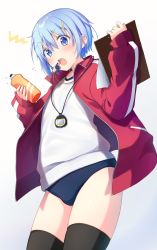Rule 34 | 1boy, absurdres, black thighhighs, blue hair, buruma, clipboard, crossdressing, gradient background, gym uniform, hair ornament, hairclip, highres, jacket, male focus, open clothes, open jacket, open mouth, original, red jacket, shirt, short hair, sleeves past wrists, solo, tareme, thighhighs, track jacket, trap, uro (urotanc), whistle, white background, white shirt