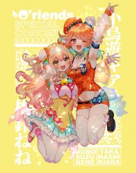 Rule 34 | 2girls, :d, ;d, arm over shoulder, arm up, armpits, blonde hair, blush, character name, dated, english text, floating, hololive, hololive english, hug, jumping, looking at viewer, mamaloni, momosuzu nene, multiple girls, one eye closed, open mouth, orange hair, pantyhose, smile, takanashi kiara, takanashi kiara (1st costume), teeth, thighhighs, upper teeth only, v, virtual youtuber, white pantyhose, white thighhighs, yellow background