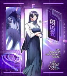 Rule 34 | 1girl, black dress, black hair, closed mouth, crossed arms, dress, english text, long hair, looking at viewer, purple background, purple eyes, serious, solo, the novels extra, very long hair, yoo yeonha