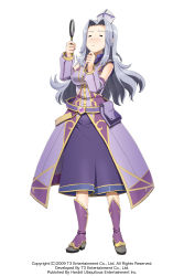 Rule 34 | 1girl, = =, arksign, belt, boots, detached sleeves, dress, full body, grey (arksign), hand on own hip, hat, highres, kimura shigetaka, light purple hair, long hair, magnifying glass, official art, pouch, red eyes, simple background, solo, thinking, wavy hair, white background