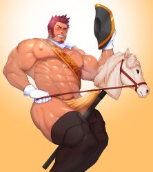 Rule 34 | 1boy, alternate pectoral size, ascot, bara, bikini briefs, black footwear, blue eyes, blush, boots, brown hair, bulge, commentary request, erection, erection under clothes, fate/grand order, fate (series), gloves, gradient background, groin, hat, highres, hobby horse, large pectorals, legs together, long sideburns, male focus, male underwear, manly, muscular, napoleon bonaparte (fate), nipples, pectorals, penis, penis peek, pinup (style), riding, scar, sideburns, simple background, smile, solo, thigh boots, thighhighs, thighs, underwear, underwear only, unworn hat, unworn headwear, white gloves, yellow background, yellow briefs, yellow male underwear
