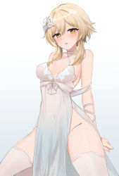 Rule 34 | 1girl, alternate costume, arms behind back, bare shoulders, blonde hair, blush, breasts, choker, covered navel, dress, evening gown, feint721, flower, genshin impact, grey background, groin, hair flower, hair ornament, highres, invisible floor, lipstick, looking at viewer, lumine (genshin impact), makeup, medium breasts, parted lips, pelvic curtain, short hair with long locks, side slit, simple background, sitting, solo, thighhighs, thighs, white choker, white dress, white footwear, white thighhighs, yellow eyes